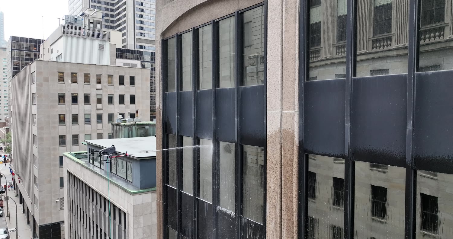 The drone working between two buildings